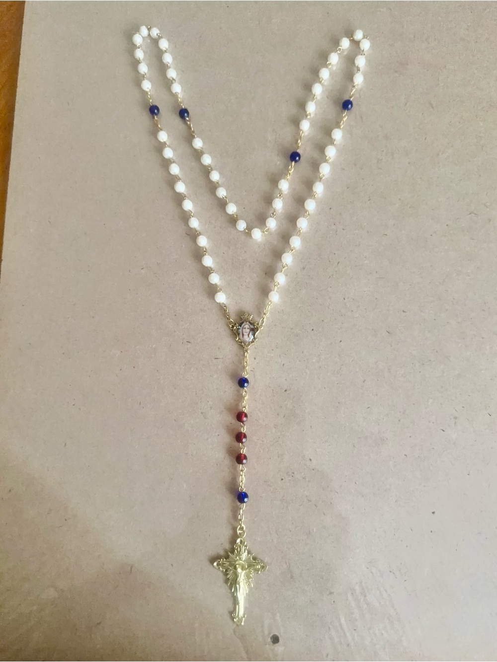 Gold-Tone Pearl Rosary Necklace with Blue and Red Accent Beads